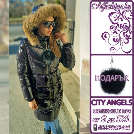 Дълго яке City Angels, Естествен пух, Черен лак, 7029